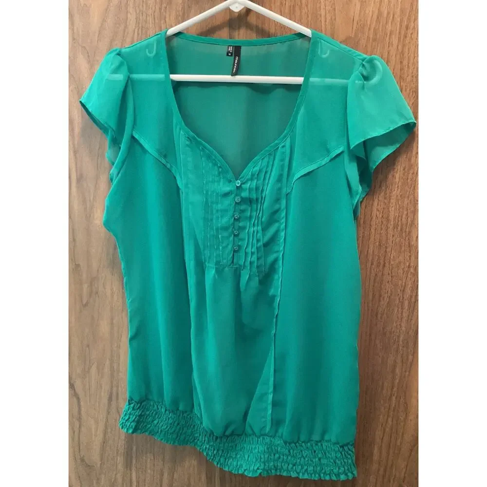 Maurices Semi Sheer Blouse Top Size Medium Green Cap Sleeve